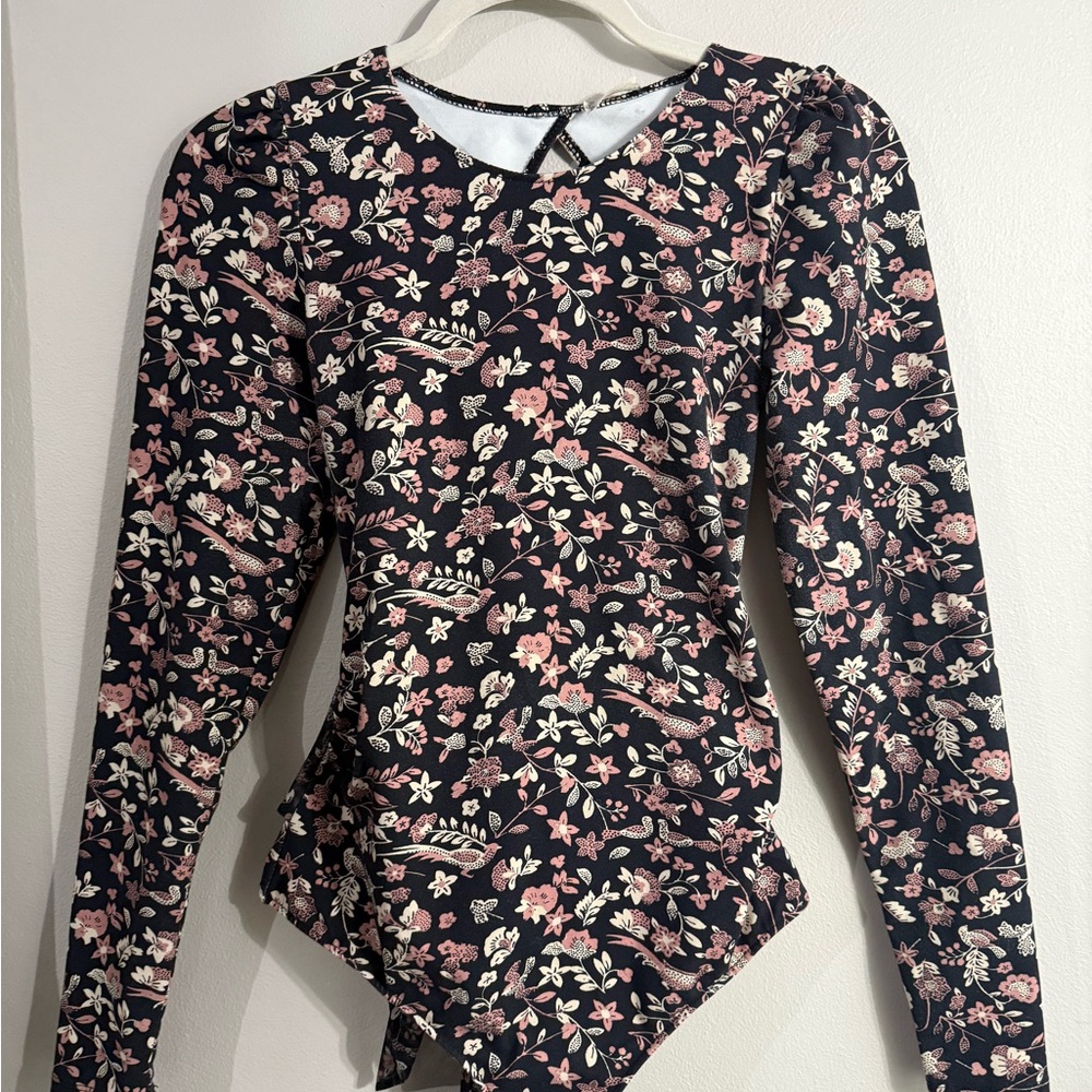 Free people Floral Long Sleeve Bodysuit in Black with Pink & Cream Flowers